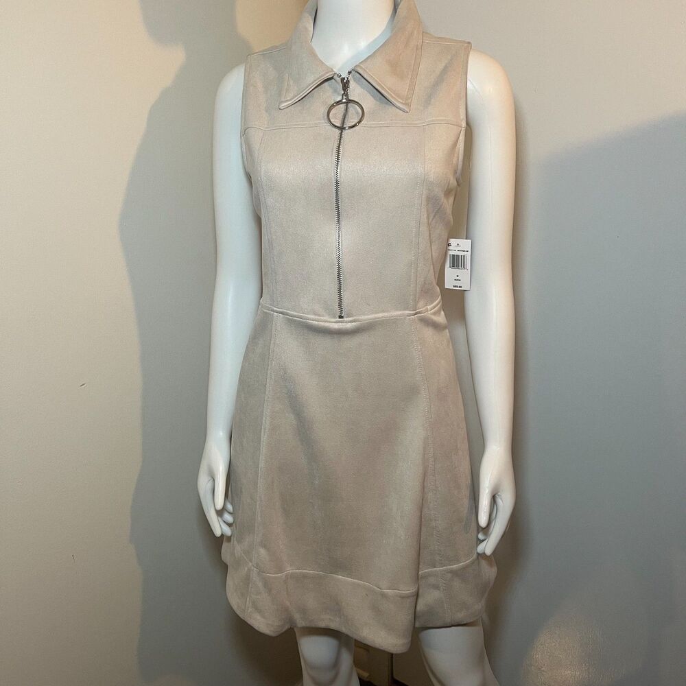 NWT Faux Suede Dress M - Zipper O-Ring A-Line Retro 60s 70s Preppy Office Siren